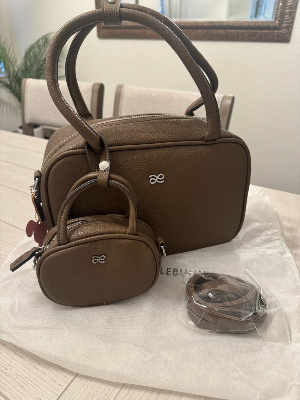 Pebbled Brown Shoulder Bag with Matching Mini Pouch
